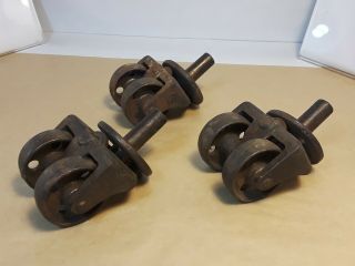3 Vintage Antique Industrial Cast Iron Double Wheel Swivel Casters