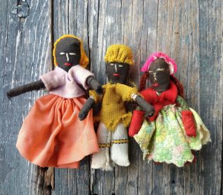 3 Small Mini Jamaican Voodoo Ethnic Handcrafted Cloth / Rag Dolls