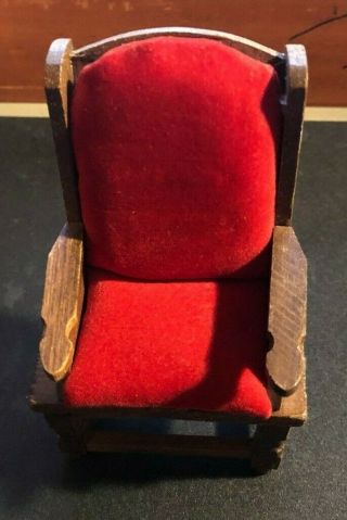 Wooden Doll House Furniture - Red Velvet Accent Chair - Vintage Primitive Wood
