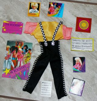 Barbie Ken Vintage Clothes The Rockers 80 ' s black pants yellow/orange top cards 2