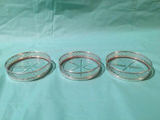 Vintage Set Of 3 Sterling Silver And Crystal Glass Coasters