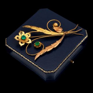 Antique Vintage Art Deco Retro 12k Gold Filled Gf Floral Faux Emerald Pin Brooch