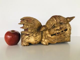 Big Antique Chinese Carved Gold Gilt Wood Foo Dog Lion Architectural Fragment