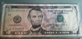 Federal Reserve Note Us 5 Five Dollars Low Rare Serial Number 33 Special