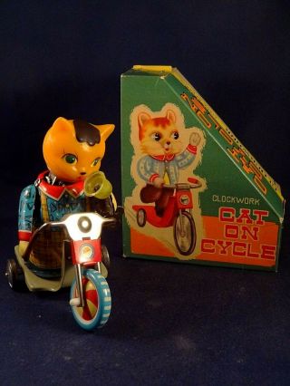 Vintage Rare Clockwork Wind - Up Tin Litho Toy Cat On Cycle China Ms 803 Boxed
