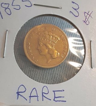 Very Rare=1855 $3 Three Dollar Gold Indian Princess Coin