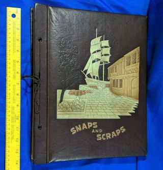 Antique Leather Scrapbook Photo Album Blank Snaps & Scraps Embossed Ship Town