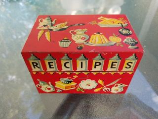 Rare Vtg No.  801 Stylecraft Red Hinged Recipe Box Tin Metal,  18 Alphabet Cards