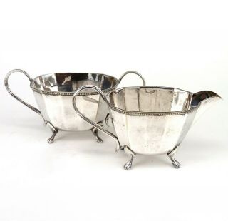 Silver Art Deco Style Milk Jug & Sugar Bowl Set Scroll Handle Sheffield