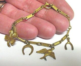 Antique Gold Filled Charm Bracelet Good Luck 4 Charms For Child Or Small Wrist