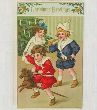 Antique Embossed Victorian Christmas Postcard - Children Playing Around Tree