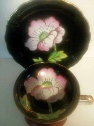 Rare,  Vintage Saji " Iridescent 3 Footed Tea Cup & Saucer Black W/lg Flower