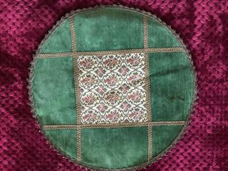 Antique French Silk Damask And Green Velvet Apron - Diameter 13 1/2 "