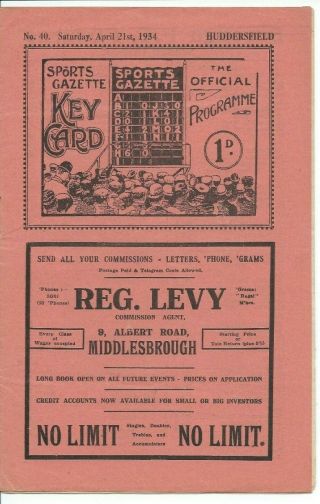 Rare Middlesbrough V Huddersfield Town Prog 21/4/1934 33/34 Season