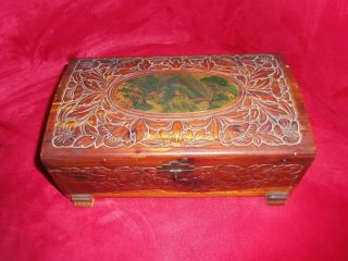 Antique Hand Made Carved Wood Folk Art Box Casket Ornate Jewelry Tramp Art