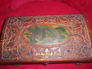 Antique Hand made carved wood Folk Art box casket ornate Jewelry tramp art 2