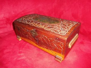 Antique Hand made carved wood Folk Art box casket ornate Jewelry tramp art 3