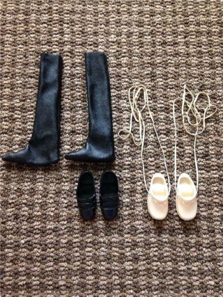 3 Pairs Of Vintage Doll White Clog Shoes,  Black Flats & Black Knee High Boots