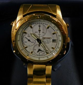 Rare Seiko - 7t32 - 6m10 Chronograph Alarm 3 Dial Gold Plated Watch.