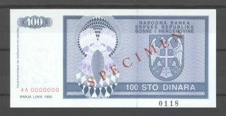 Bosnia Banja Luka 100 Dinara 1992 P 135s Unc Specimen Aa0000000 Serial Rare