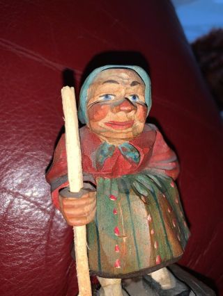 Vintage Hand Carved 4 1/2” Wood Figurine Old Woman Lady Peasant