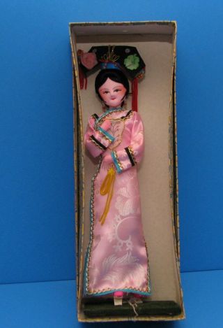 Vintage Plastic Doll Oriental Souvenir On Wooden Pedestal And