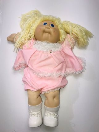 Vintage 1978 1982 Cabbage Patch Doll Blonde Yarn Pink Lace Outfit Blue Eyes