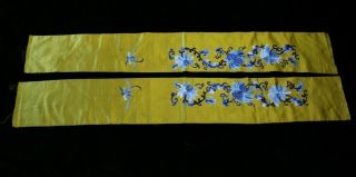 2 Antique Early 20thc Chinese Blue Lotus Flower And Bats Silk Panel
