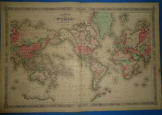 Vintage 1864 World Map Old Antique Johnson 
