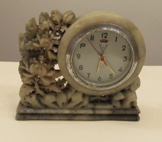 Vintage Chinese Carved Hard Stone Mantel Clock China Ornate Flowers 6.  5x7.  5 "