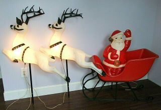 Rare 1960s Vintage Beco Christmas Plastic Blow Mold Set - Santa Sleigh 2 Reindeer