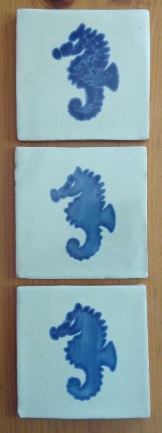 Set Of Three Vintage Matching Blue & White Seahorse Square Tile - 4 "