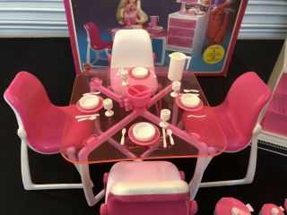 Vintage Barbie Dream Furniture Pink Stove Oven Dining Table Chairs Box Dishes 2