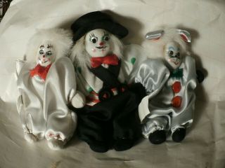 3 Small Vintage Porcelain Faced Clothed Clown Dolls W/stuffed Bodies