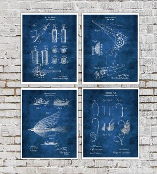 Fly Fishing Gear Wall Decor Set Of 4 Unframed Blue Prints Gift For Him