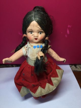 Vintage Antique Composition Girl Doll 8.  5” H With Pigtails Braided Black Hair