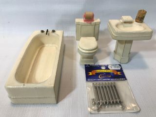 Vintage Dollhouse Miniature White Wood Bathroom Set - Sink,  Toilet,  Tub