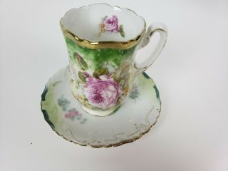 Rs Prussia Chocolate Tea Cup Hand Painted Green Gold Flowers Roses Unmarked