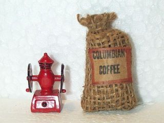 2 Fun Miniature Dollhouse Accessories Red Coffee Grinder Burlap Sack Coffee Bag