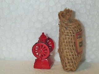 2 FuN MINIATURE Dollhouse Accessories RED COFFEE GRINDER Burlap SACK COFFEE BAG 2