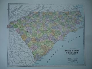 Vintage 1896 North - South Carolina Map Old Authentic Antique Atlas Map 96/70318