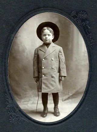 Antique Oval Matted Photo Darling Little Boy W Hat Coat Walking Stick By Bailey