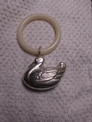 Antique Vintage Silver Duck Baby Rattle & Teething Ring