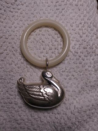 Antique Vintage Silver Duck Baby Rattle & Teething Ring 2