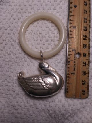 Antique Vintage Silver Duck Baby Rattle & Teething Ring 3
