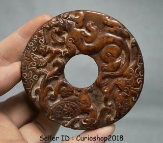 3 " Antique Chinese Dynasty Old Jade Hand - Carved Dragon Beast " Bi " Pendant Aa1