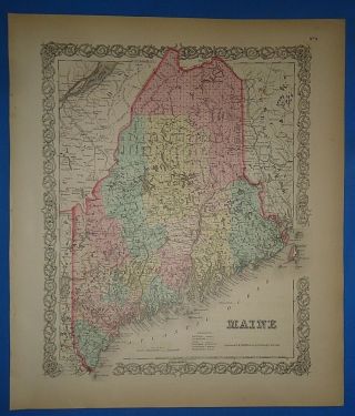 Vintage 1857 Maine Map - Old Hand Colored Colton 