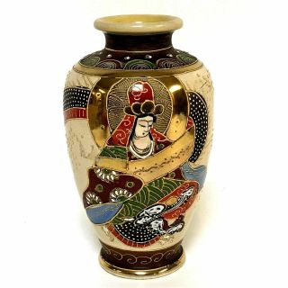 Antique Japanese Satsuma Vase 7.  5 " Tall Lady & Dragon Decoration
