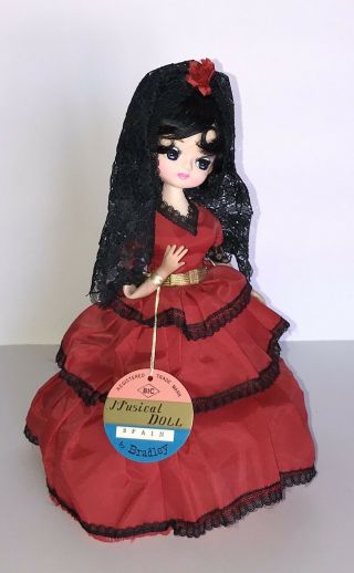‘70’s Spanish Spain Big Eye Posing Bradley Musical 12” Doll Red Dress Black Lace