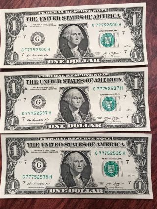 3 - 2013 $1 Bills Rare Serial 3 Of A Kind 777 Lucky Notes One Is 4 Of Kind